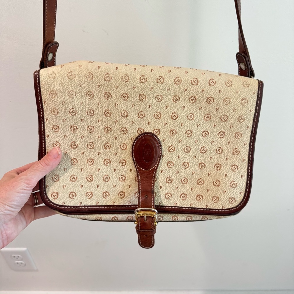 Vintage Pollini Italian Leather Logo Shoulder‎ Bag Satchel Cream/Brown